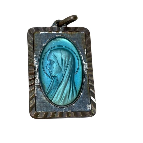 Vintage Lot of 2 Stamped Roma Lady of Lourdes Virgin Mary Blue Necklace Pendants - Picture 3 of 5